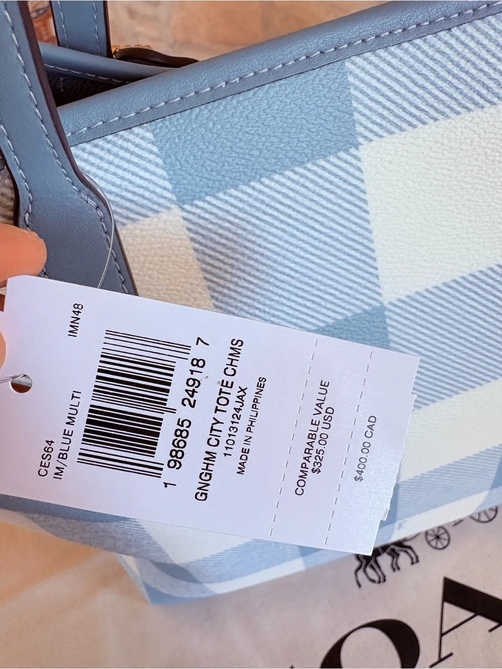 Coach Blue and White Gingham Tote with Cherry Charm